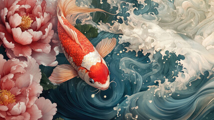 Koi, Chinese art, Japanese traditional, ink painting, tattoo, Chinese, gold and black background, simple, blue background, Nishikigoi