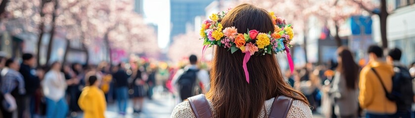 Naklejka premium Seasonal flower festival parade, travelers dressed in floral crowns, streets filled with blossoms, immersing in vibrant culture, celebratory traditions