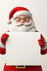 santa claus hold white blank poster, cute, 3d, cartoon character, white background, 