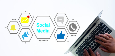 Overhead View of Users with Laptop Featuring Social Media Interface and Notifications,Virtual Engagement, Online Interaction,Online Communication.