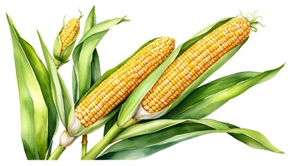 Fresh corn on the cob with green leaves and husk on a white background