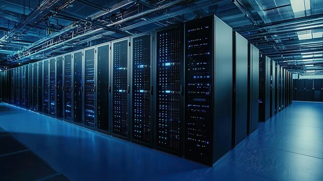 Data center interior with racks of servers storing raw data in a centralized data lake emphasize security and data management