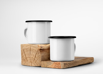 Mockup of two white enamel mugs with black rim, on old wooden beam, board, metal cups for tourism, for design, branding, pattern.