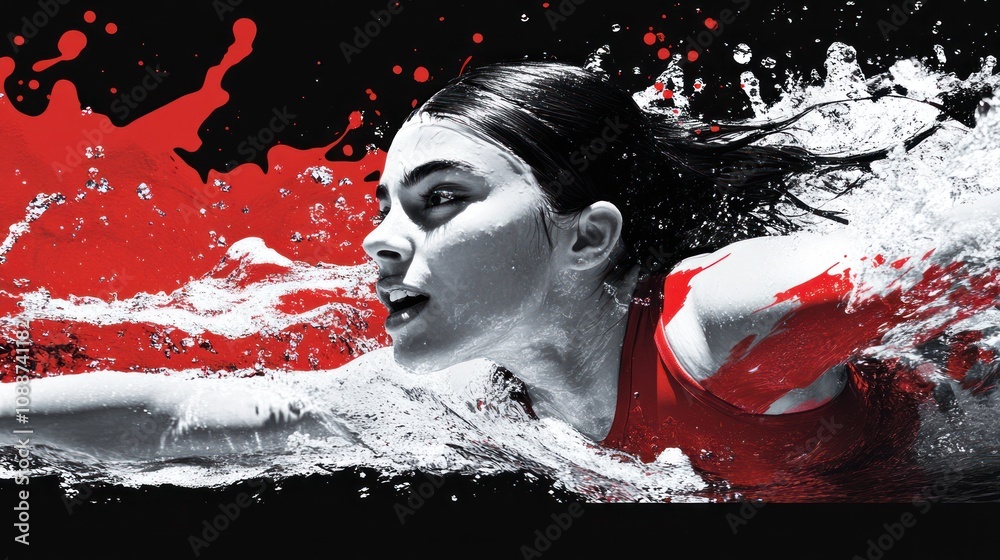 Poster A dynamic swimmer in a splash of red and water, capturing motion and intensity.
