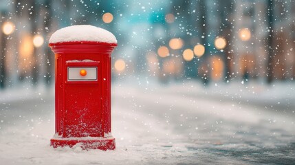 A vibrant red mailbox stands in a snowy street, surrounded by falling snowflakes and softly glowing lights, creating a cozy winter scene.