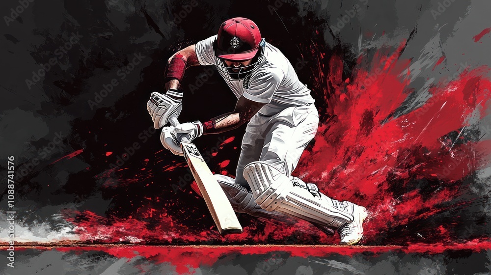 Poster a dynamic cricket player in action, striking the ball with explosive energy and motion.