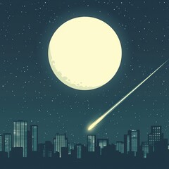 A serene night scene featuring a bright moon, twinkling stars, and a shooting star above a city skyline.