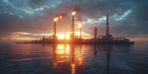 Obraz premium Industrial Refinery Complex with Burning Flames at Sunset, Reflecting on the Calm Waters of the Ocean