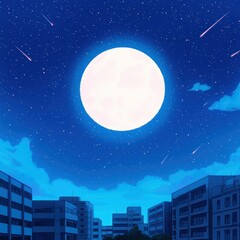 Fototapeta premium A serene night scene with a large moon illuminating the skyline of a city, surrounded by twinkling stars and soft clouds.