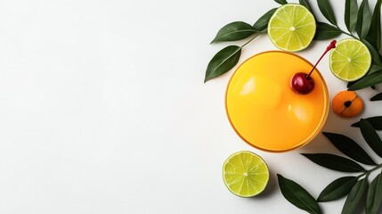 Top view of orange juice with a cherry garnish surrounded by lime slices and green leaves on a white background.
