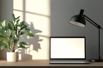 Modern Workspace Featuring Laptop Plant and Desk Lamp