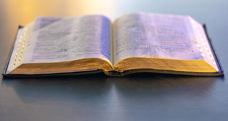 Bible close-up. Open holy book Bible. Christianity, faith and religion concept.