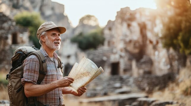 Solo travel senior, mature man exploring historic ruins, backpack and map in hand.