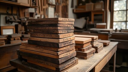 Fototapeta premium A stack of wooden planks rests on a workbench inside a rustic workshop, surrounded by tools and materials, showcasing craftsmanship and woodwork.