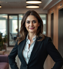 woman in her 40s in an open office, administrator, minimalist suit, studio lighting, waiting room couch, elevator