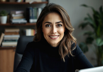 smiling gorgeous woman in her 40s, office manager, elegant pullover, natural sunlight, vignette background