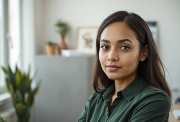 beautiful and youthful lady in her 20s, cotton neat attire, HR supervisor, simple blurry background, natural sunlight