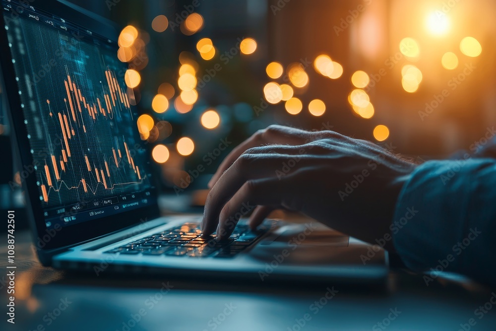 Poster analyzing sales data and financial growth graph chart report on a laptop. database, business analysi