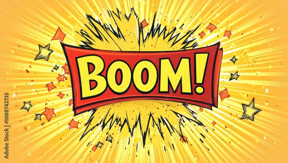 Poster an explosion with a colorful comic style background and boom text