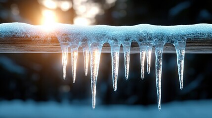Icicles hanging from a wooden railing with sunlight in the background.