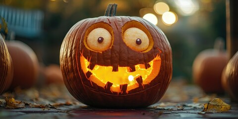 A creative and funny pumpkin face carving, with exaggerated eyes and a wide smile, illuminated by a flickering light.