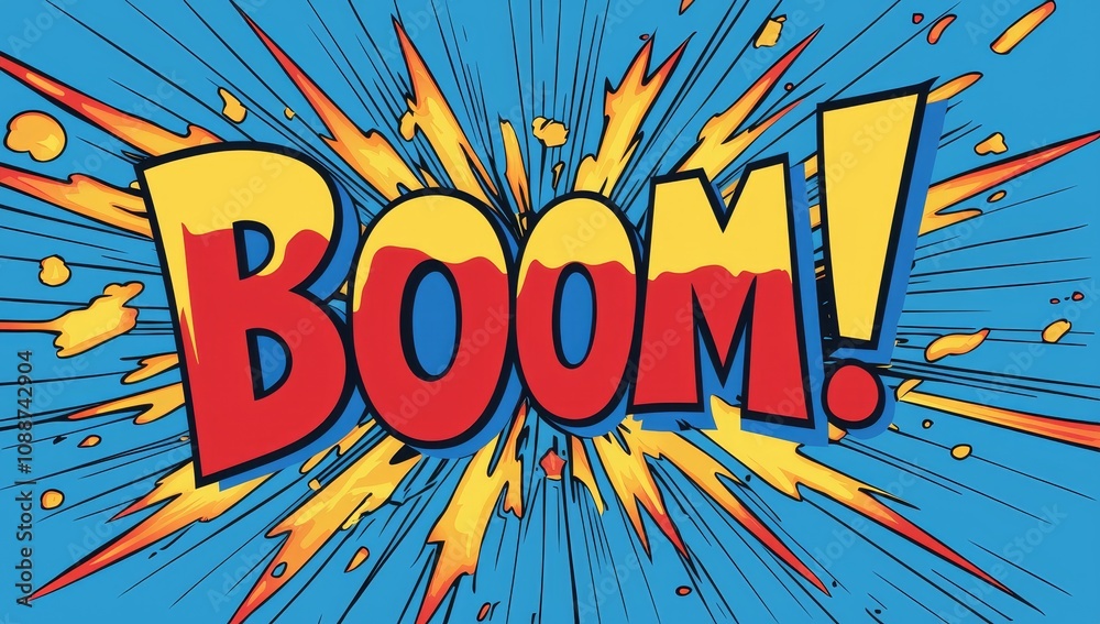 Aufkleber Explosion in comic style with boom text and dynamic background
