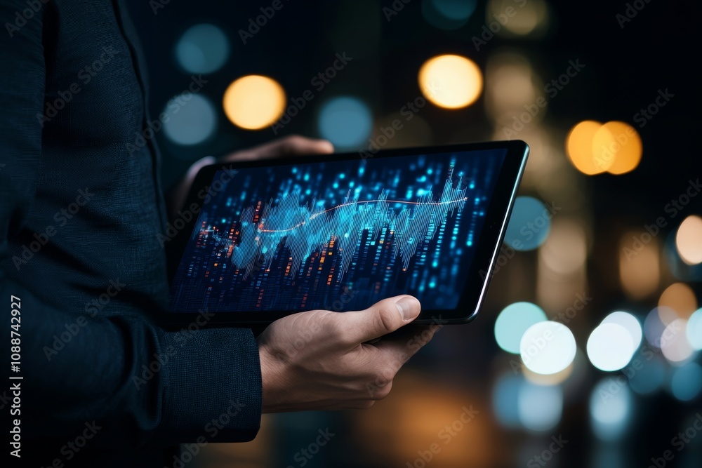 Poster The concept of business analytics includes data analysis and reporting plans, depicted on a virtual screen with dashboard charts. Businessman is analyzing financial statistics and conducting market