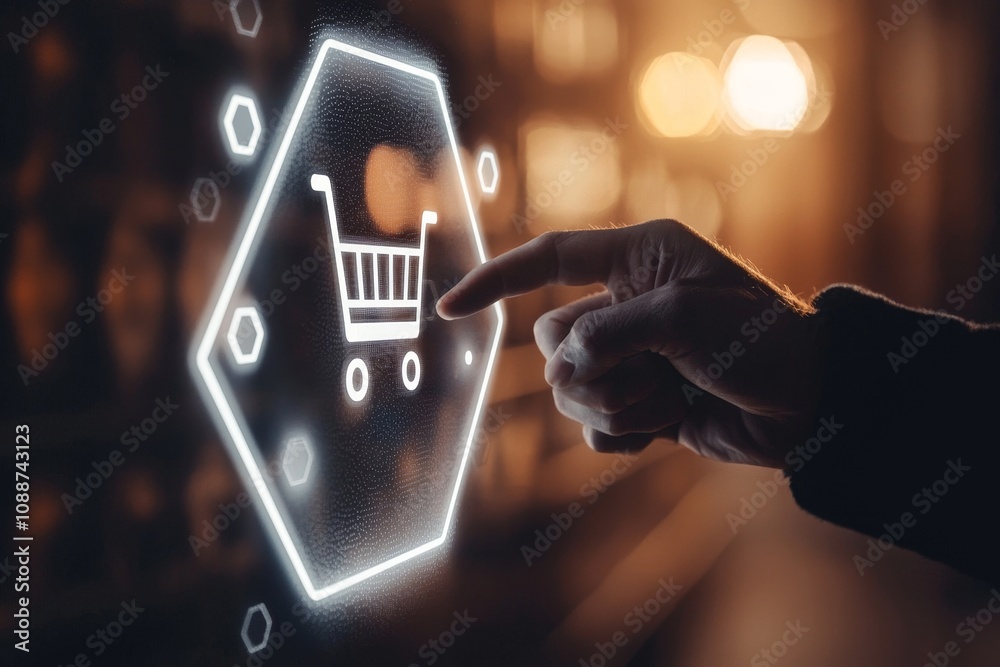 Aufkleber concept of business ecommerce. person touching virtual screen icon of online shopping cart. ecommerc