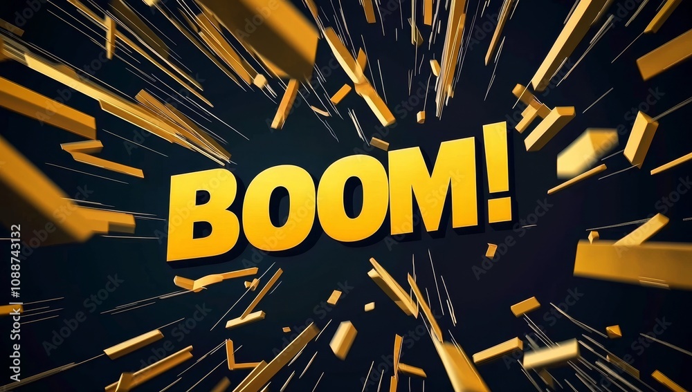Aufkleber with dynamic energy, a golden boom text explosion explodes on a black background
