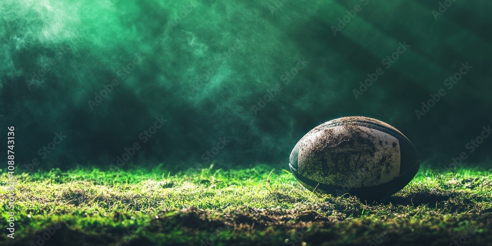 Poster a rugby ball resting on grass, illuminated by soft light and surrounded by mist.