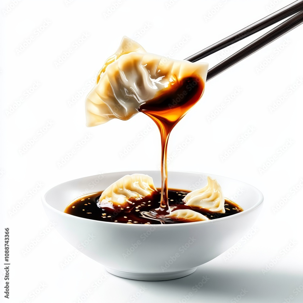 Poster a delicious dumpling with dripping soy sauce, served with chopsticks