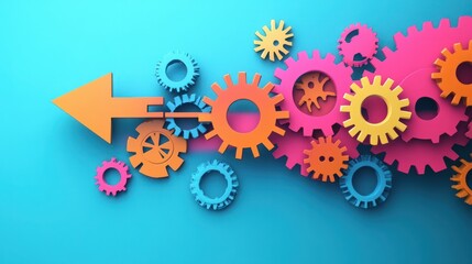 Colorful gears and an arrow combine to illustrate streamlined business process automation, showcasing creativity and innovation.