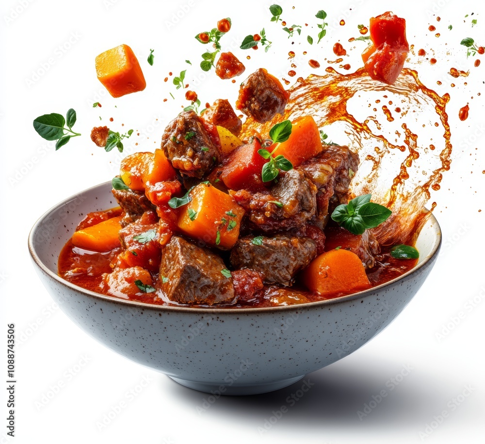 Poster slices of delicious beef goulash splashed in a bowl