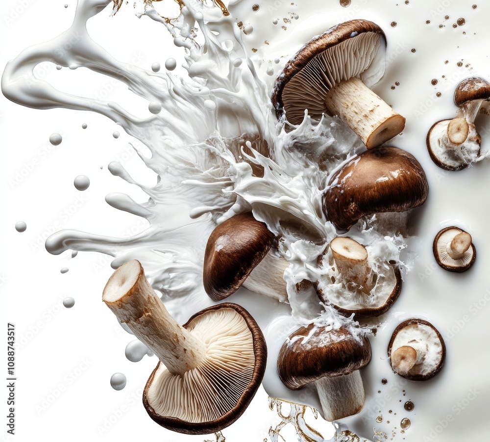 Poster sliced mushrooms splashed in cream soup