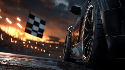 The checkered flag crossing the finish line of a Formula One car, motion blur