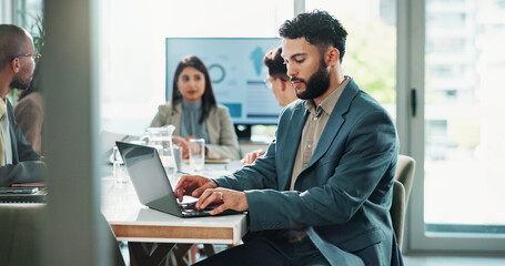 Businessman, laptop and research in meeting with project administration, proposal and planning in...