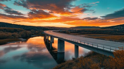 Fototapeta premium Scenic view of modern highway bridge over peaceful river during breathtaking sunset with vibrant clouds and colorful sky reflecting on water surface