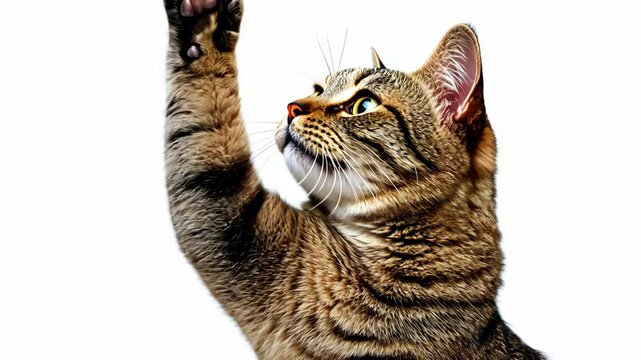 A domestic short-haired tabby cat sits on a white background, raising one paw high in the air
