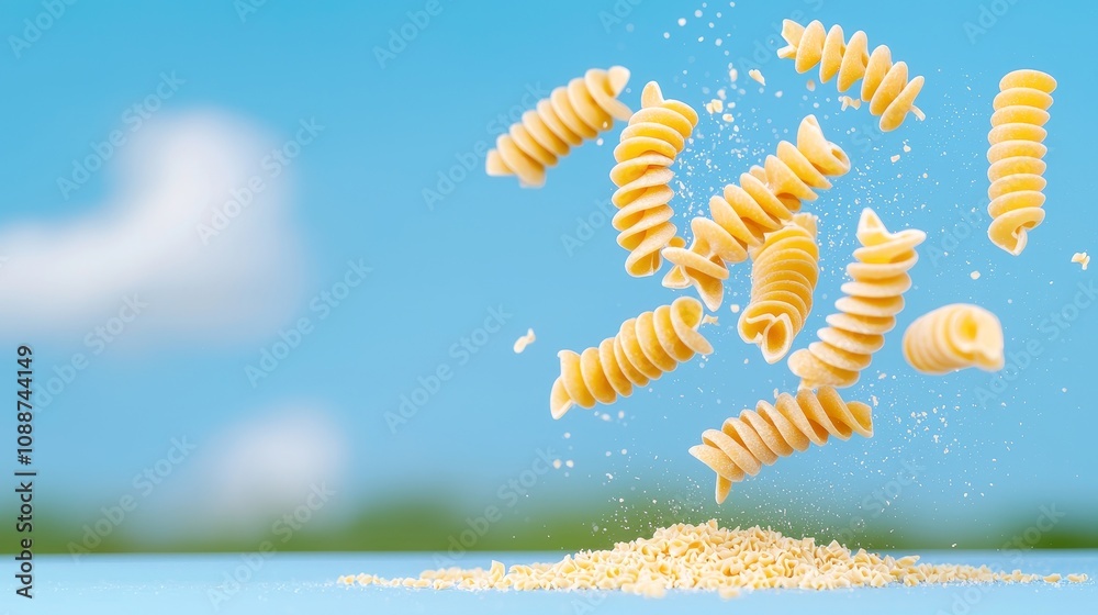 Aufkleber falling spaghetti pasta in twisted shapes through the air. dynamic food image of pasta falling throu