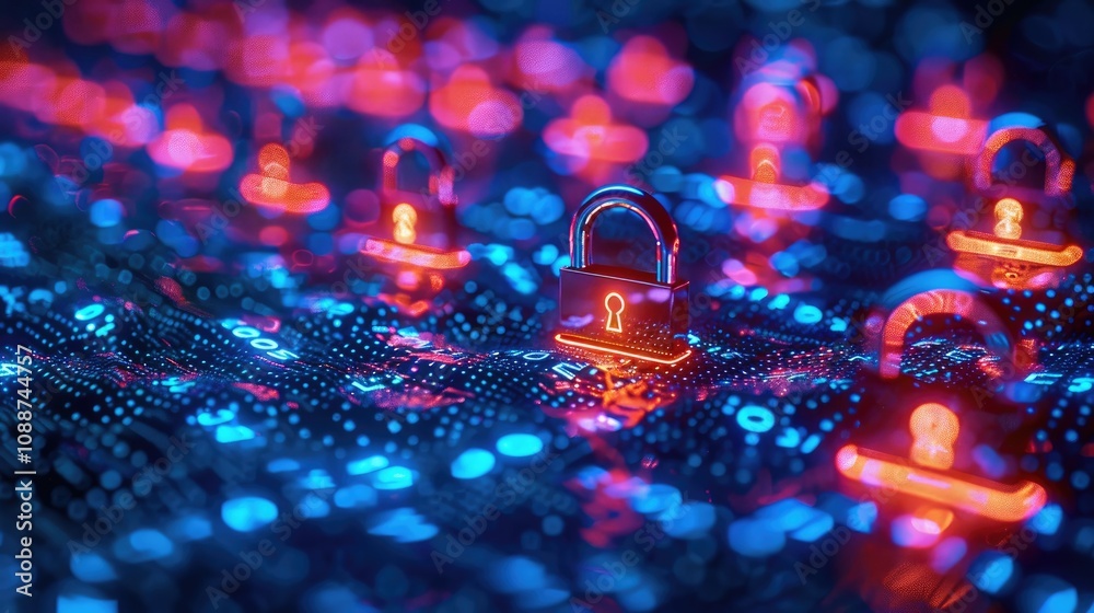 Aufkleber Glowing digital locks in a network grid pattern, giving a secure tech vibe.