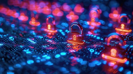 Glowing digital locks in a network grid pattern, giving a secure tech vibe.