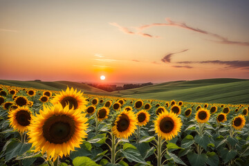 Obraz premium Sunflowers field and sunset sky. AI Generated