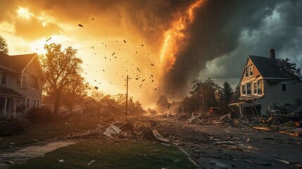 Tornado destroying houses, debris flying and buildings collapsing in a powerful storm