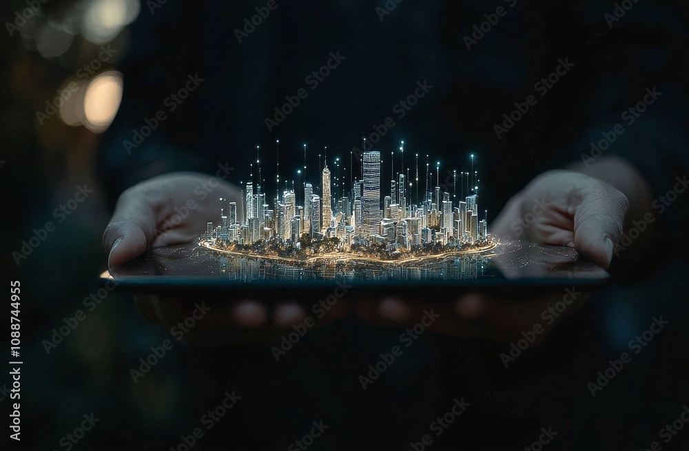 Poster a waiter holds an empty digital tablet with smart city icons and services, an internet of things con