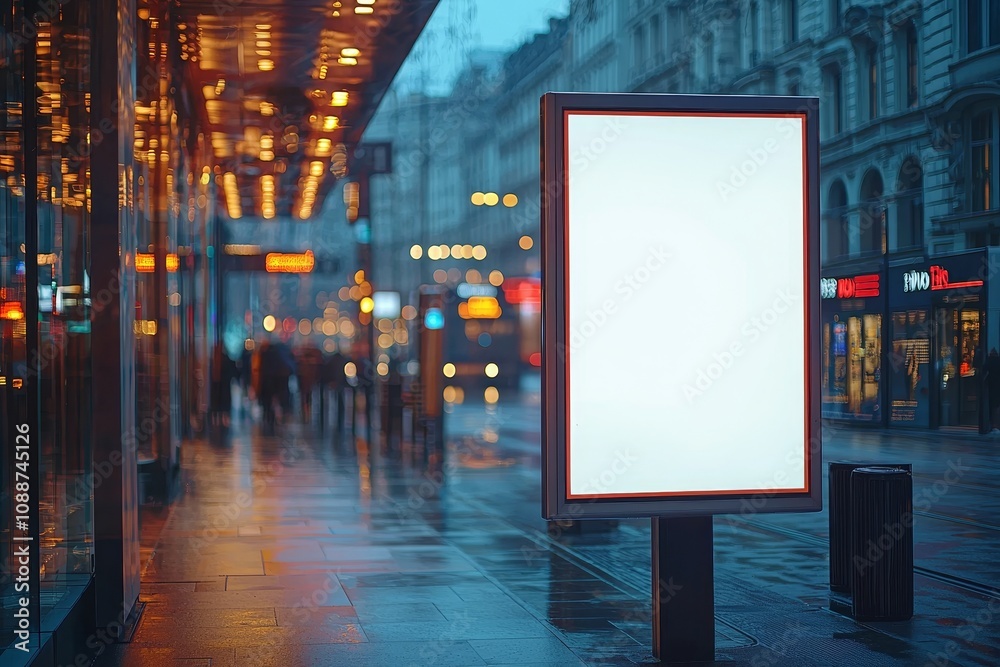 Aufkleber an empty vertical white billboard at a bus stop on a city street. in the background are buildings an