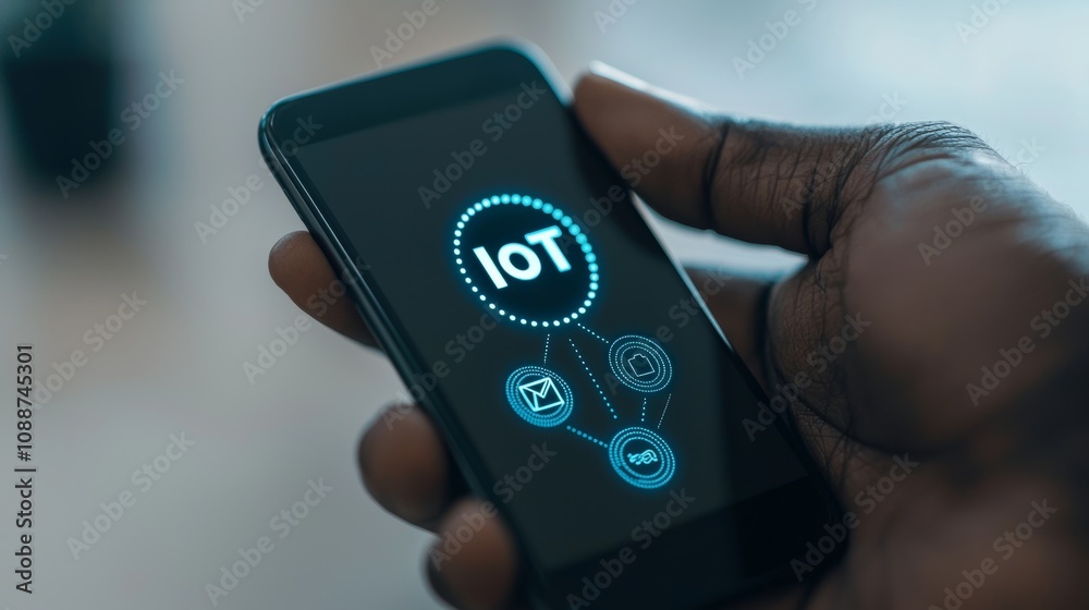 Poster person holding smartphone in front of modern building with iot security theme