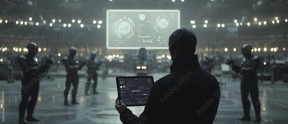 Poster Engineer manager using tablet to monitor and control robot arms in intelligent factory industrial controlled over virtual interface screen, Industry 4.0 concept