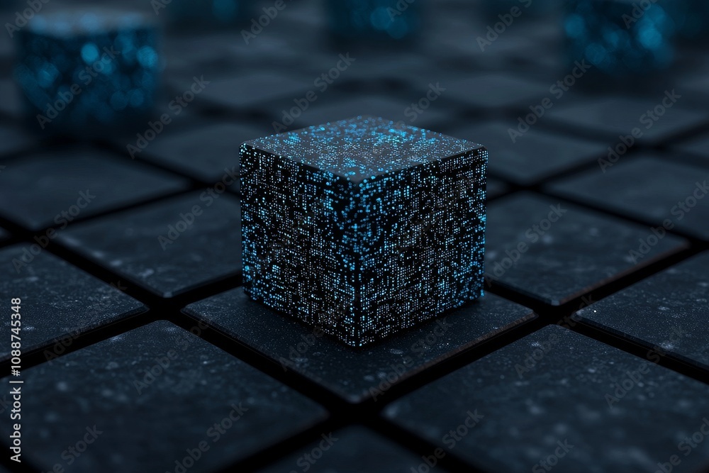 Poster A 3D illustration of a glass cube digitally abstracted with a glow line for the concept of a network