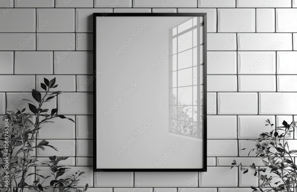 Aufkleber white brick wall template with blank black picture frame for placing image or text inside.