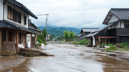 Obraz premium Traditional villages hit by natural disasters, damaged homes and livelihoods disrupted